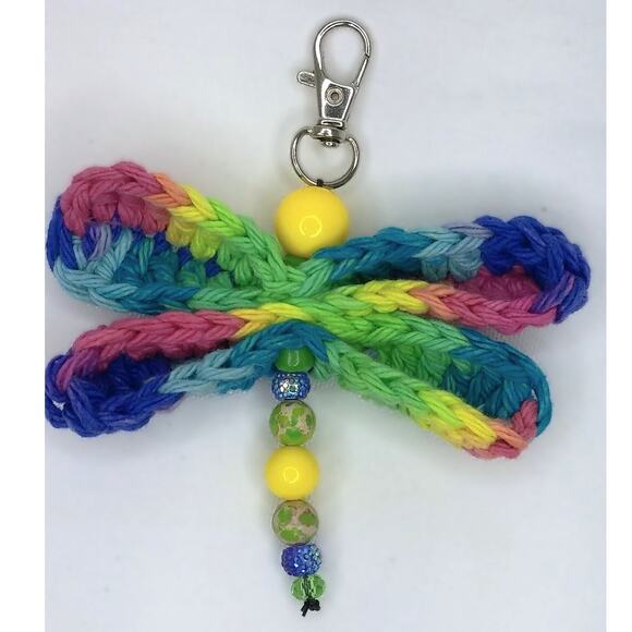 Colorful Crochet Handmade Dragonfly Keychain Beaded Bag Charm Upcycled Mini - Picture 6 of 10